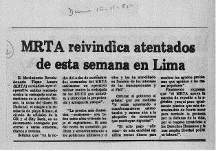 MRTA reivindica atentados de esta semana en Lima