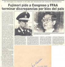 Fujimori pide a Congreso y FFAA terminar discrepancias por bien del país