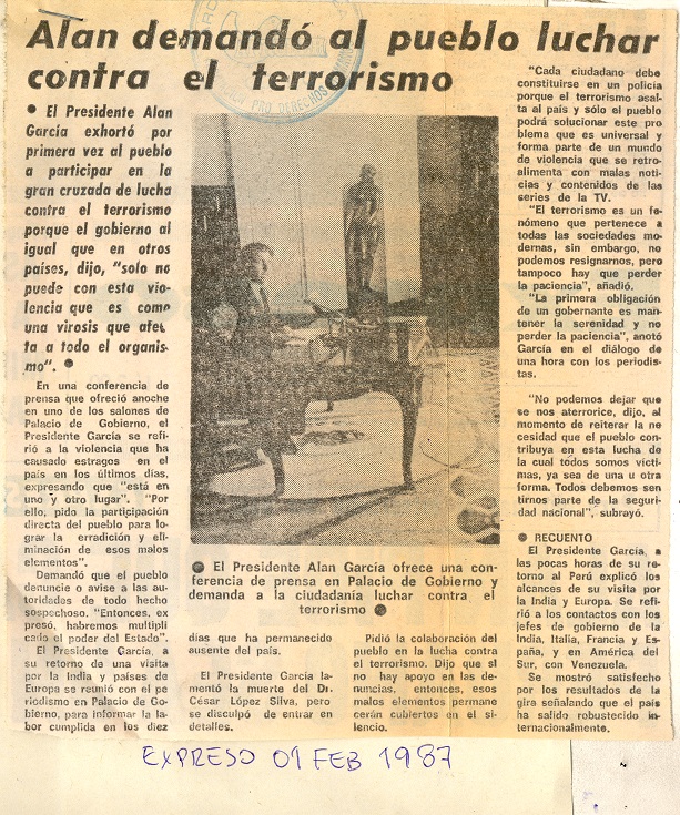 Alan demandó al pueblo luchar contra el terrorismo