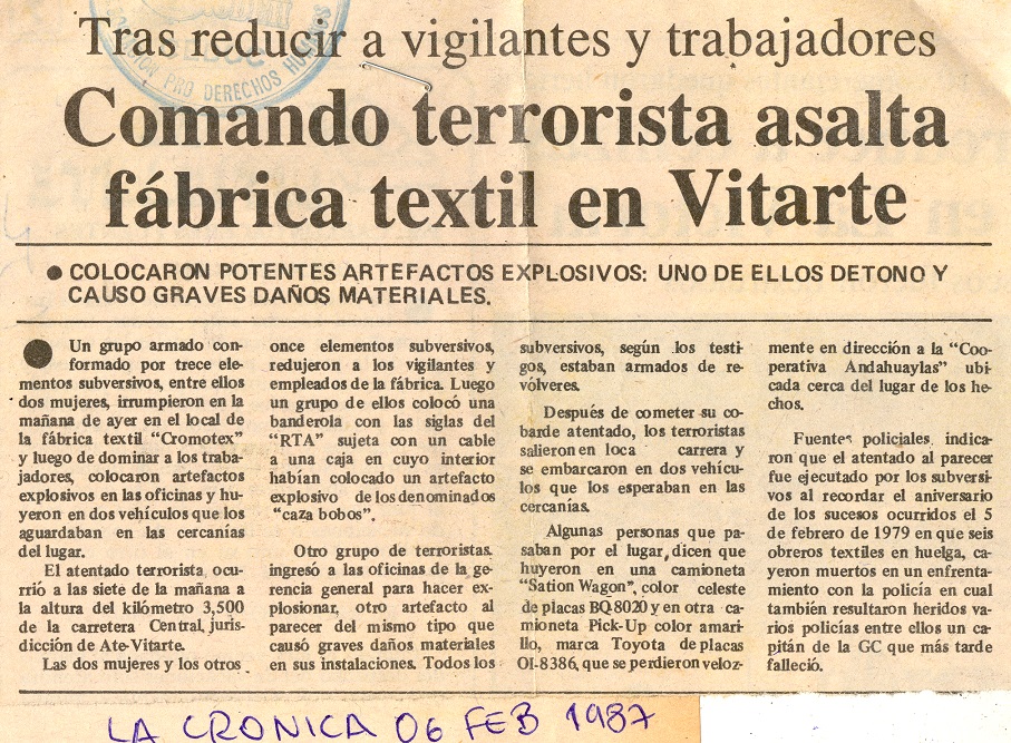 Asaltan y dinamitan la fábrica Cromotex