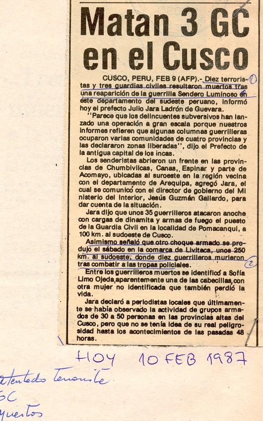 Tres GC y 10 terroristas mueren en enfrentamiento