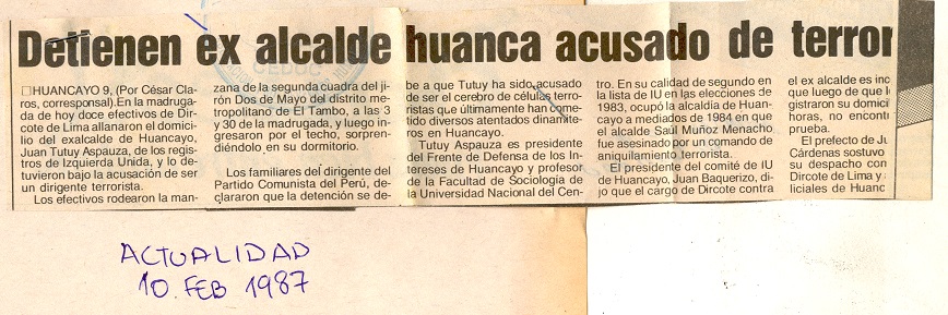 Detienen ex alcalde huanca acusado de terror