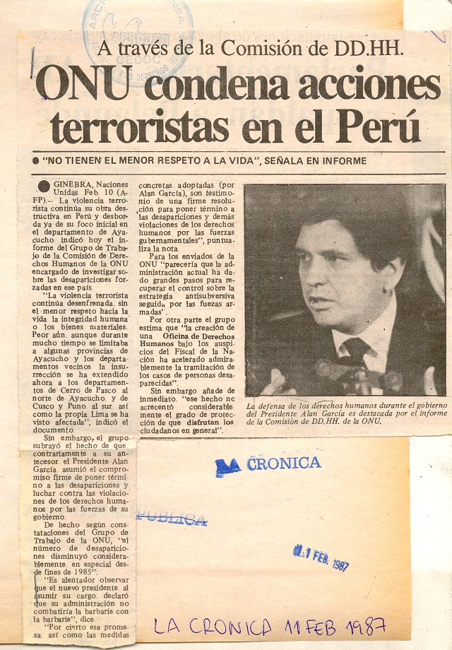 ONU condena acciones terroristas en el Perú