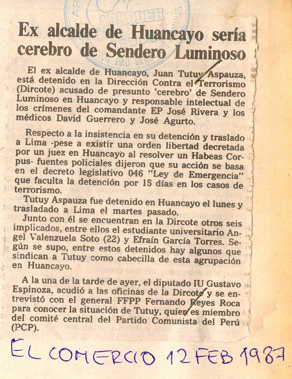 Exalcalde de Huancayo sería cerebro de Sendero Luminoso