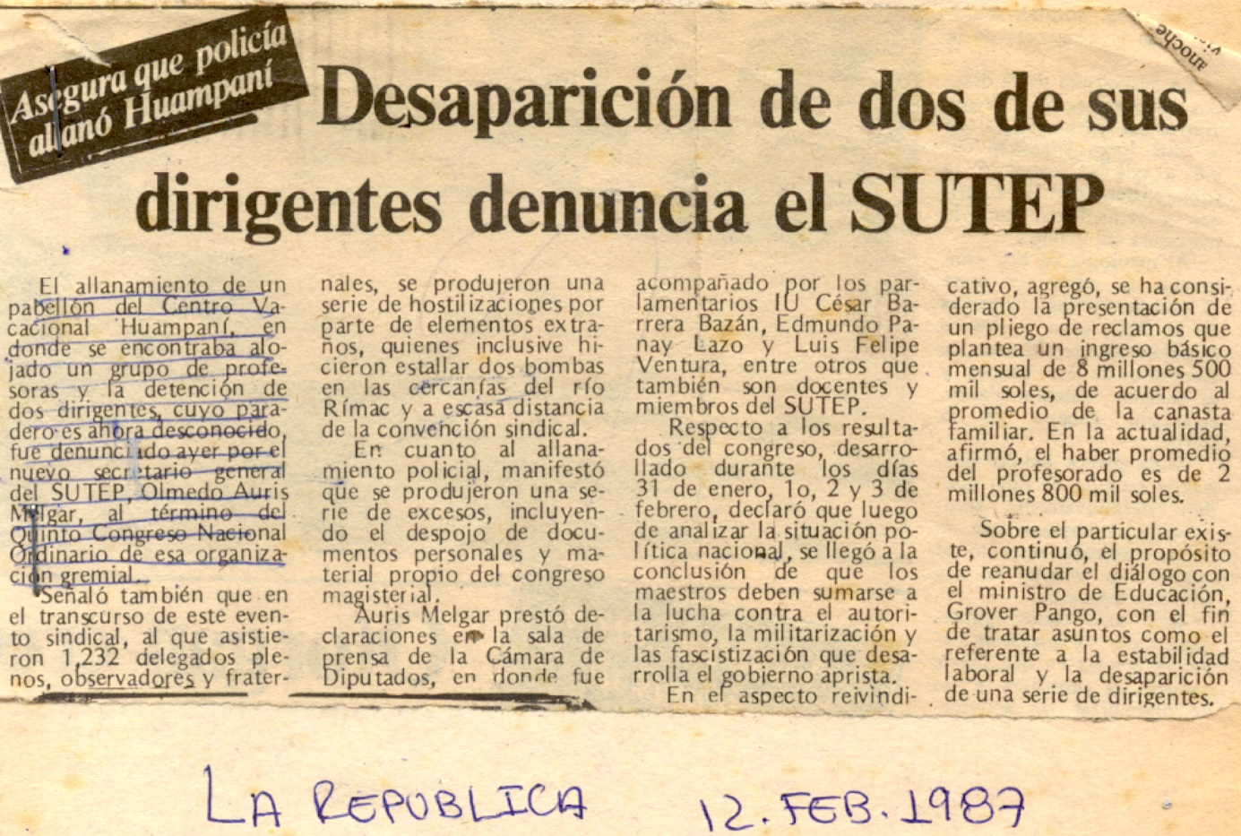 Desaparición de dos de sus dirigentes denuncia el SUTEP