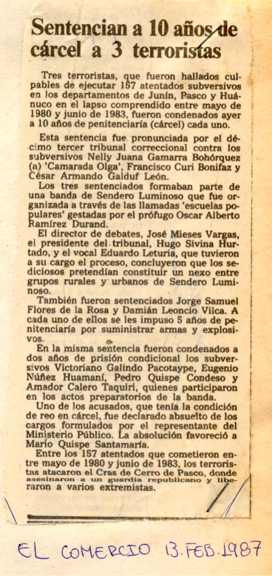 Sentencian a 10 años de cárcel a 3 terroristas