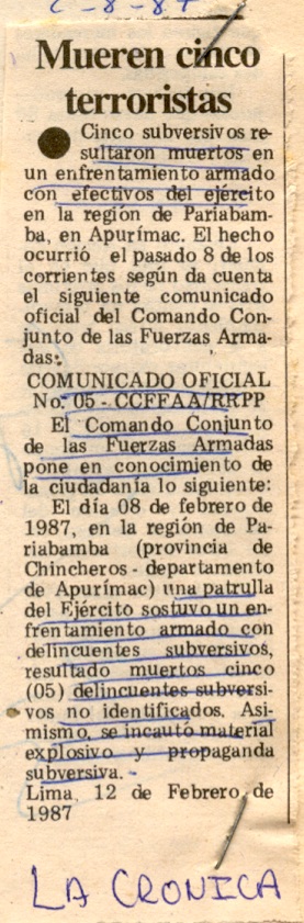 Mueren cinco terroristas en Apurímac