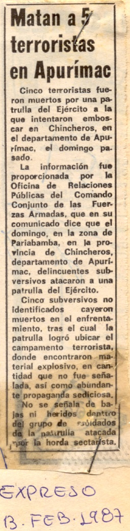 Mueren cinco terroristas en Apurímac