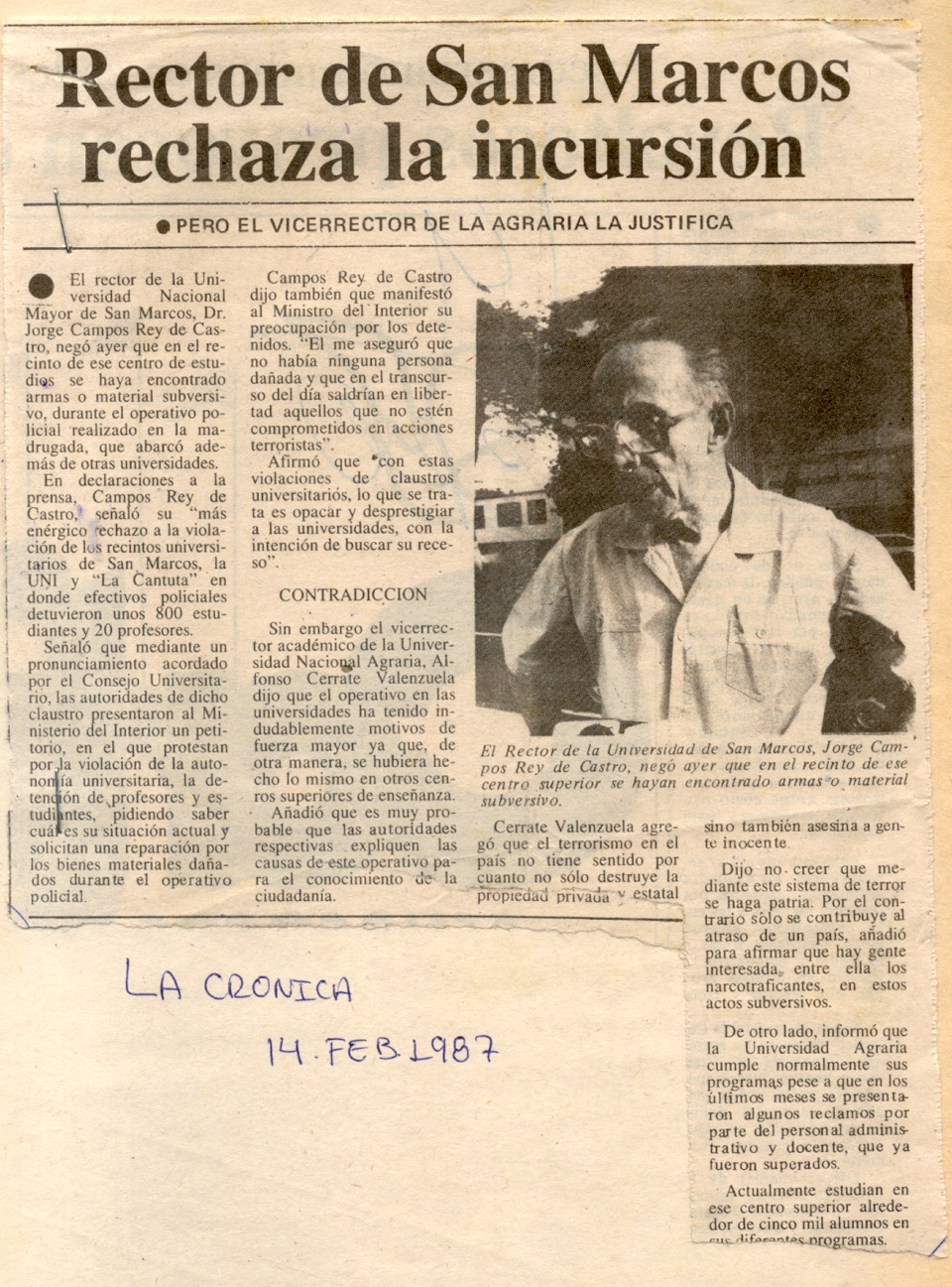 Rector de San Marcos rechaza la incursión