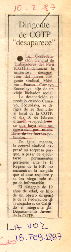 Dirigente de CGTP "desaparece"