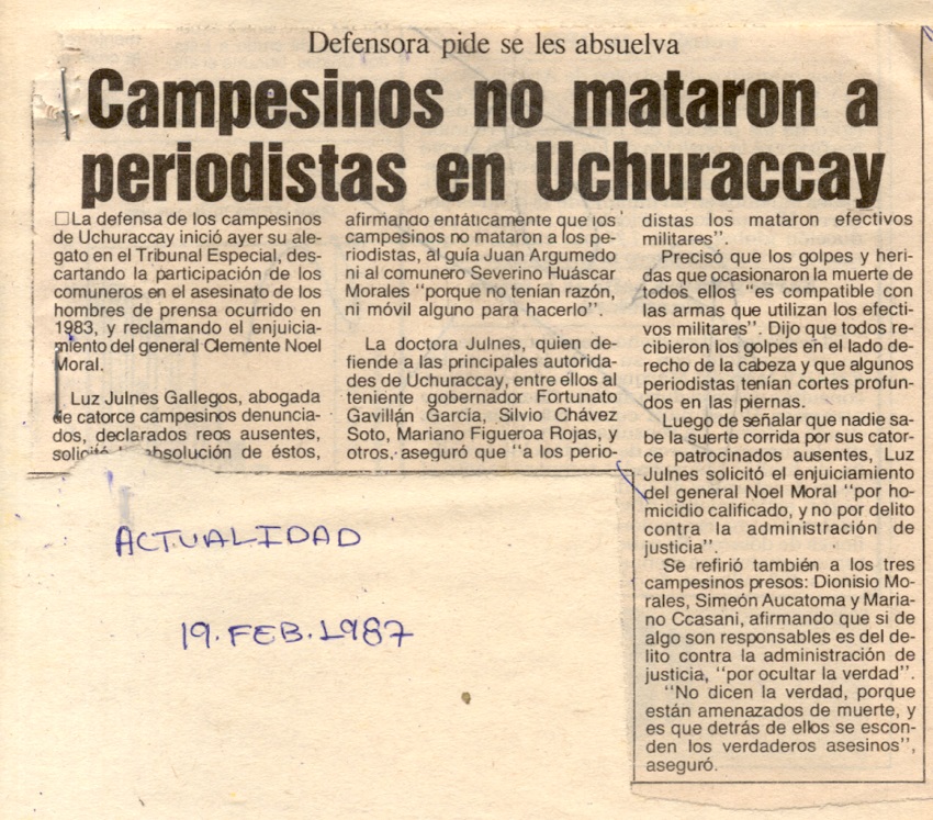 En caso Uchuraccay: campesinos inocentes