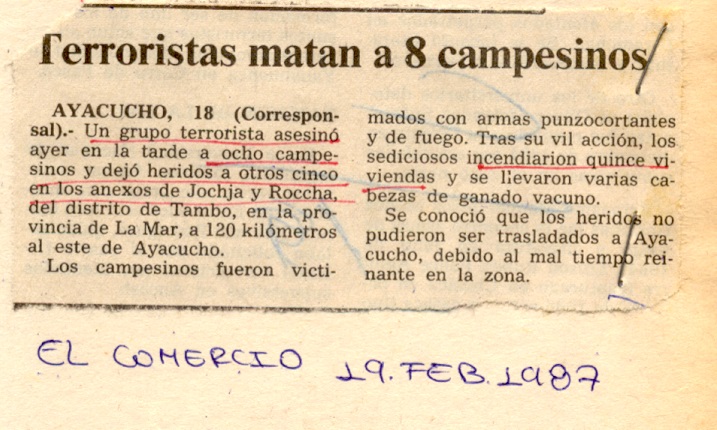 Terroristas matan a 8 campesinos