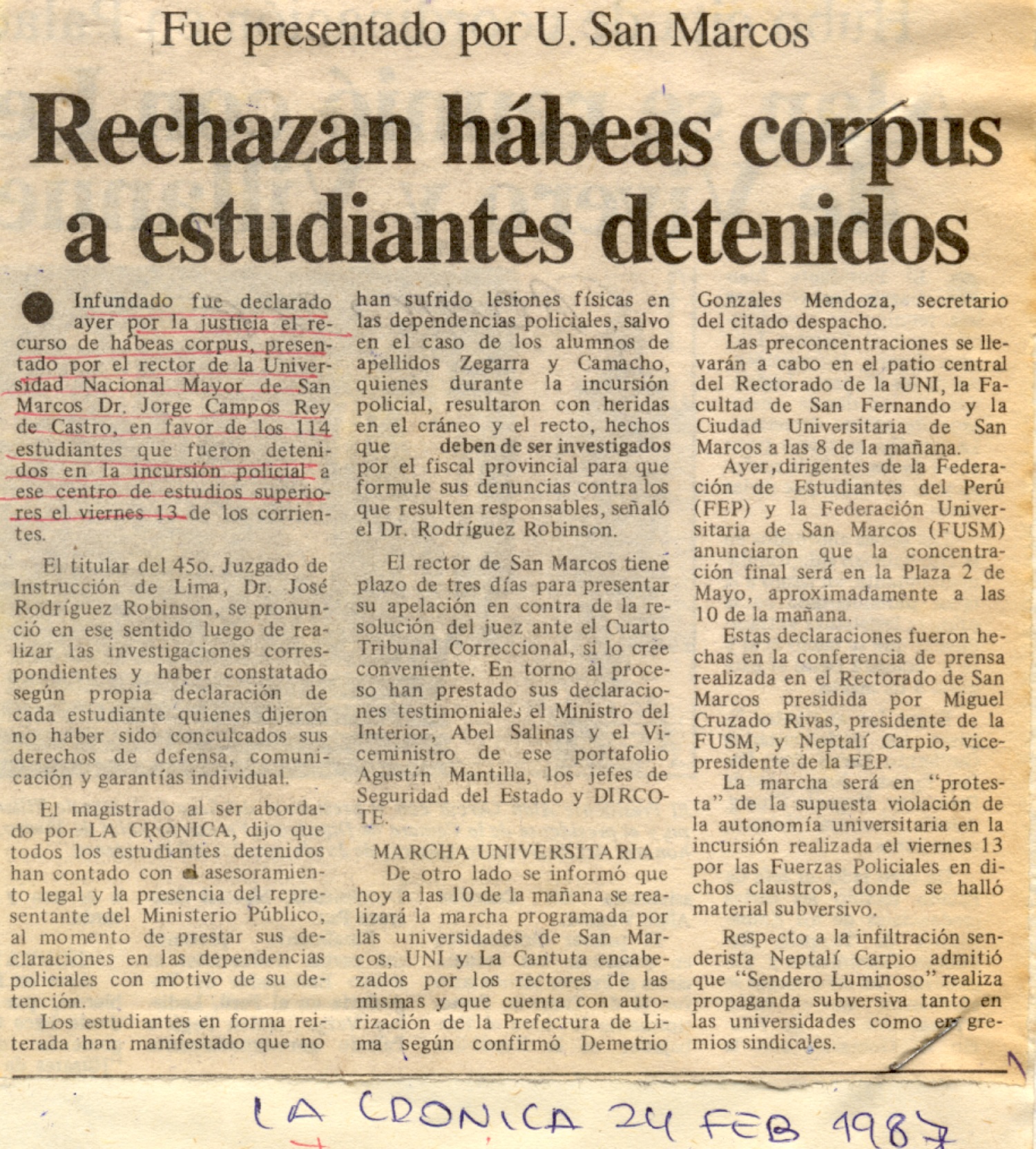 Rechazan hábeas corpus a estudiantes detenidos