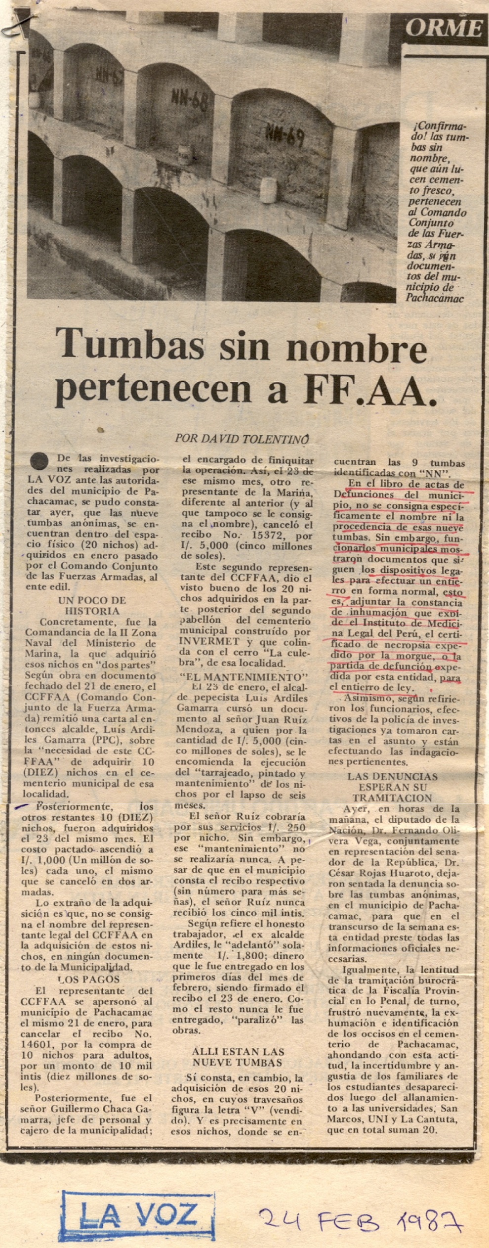 Tumbas sin nombre pertenecen a FF.AA.