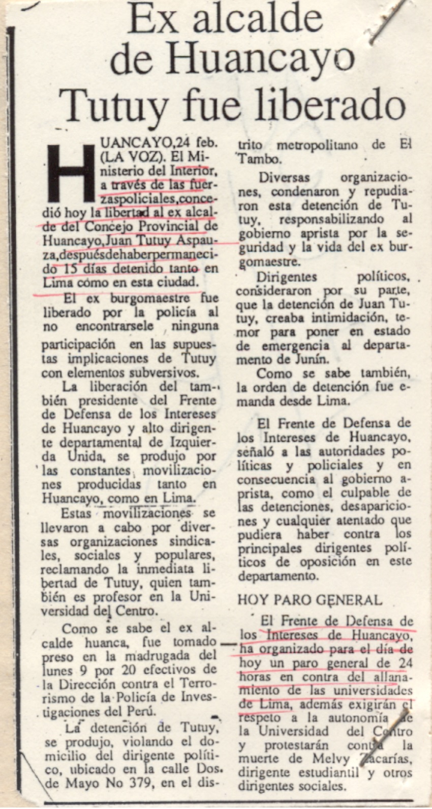 Ex acalde de Huancayo Tutuy fue liberado