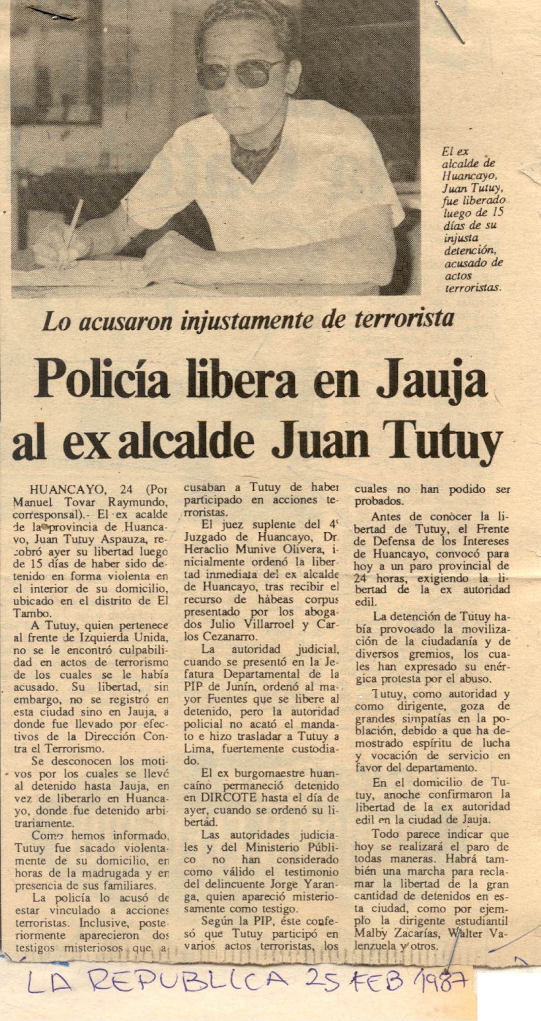 Ex acalde de Huancayo Tutuy fue liberado