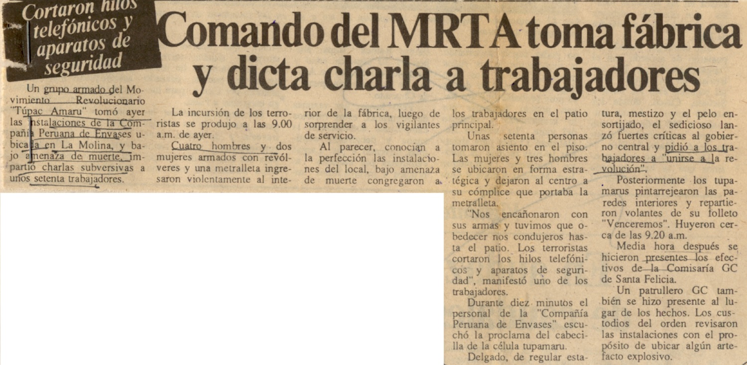 Comando del MRTA toma fábrica y dicta charla a trabajadores