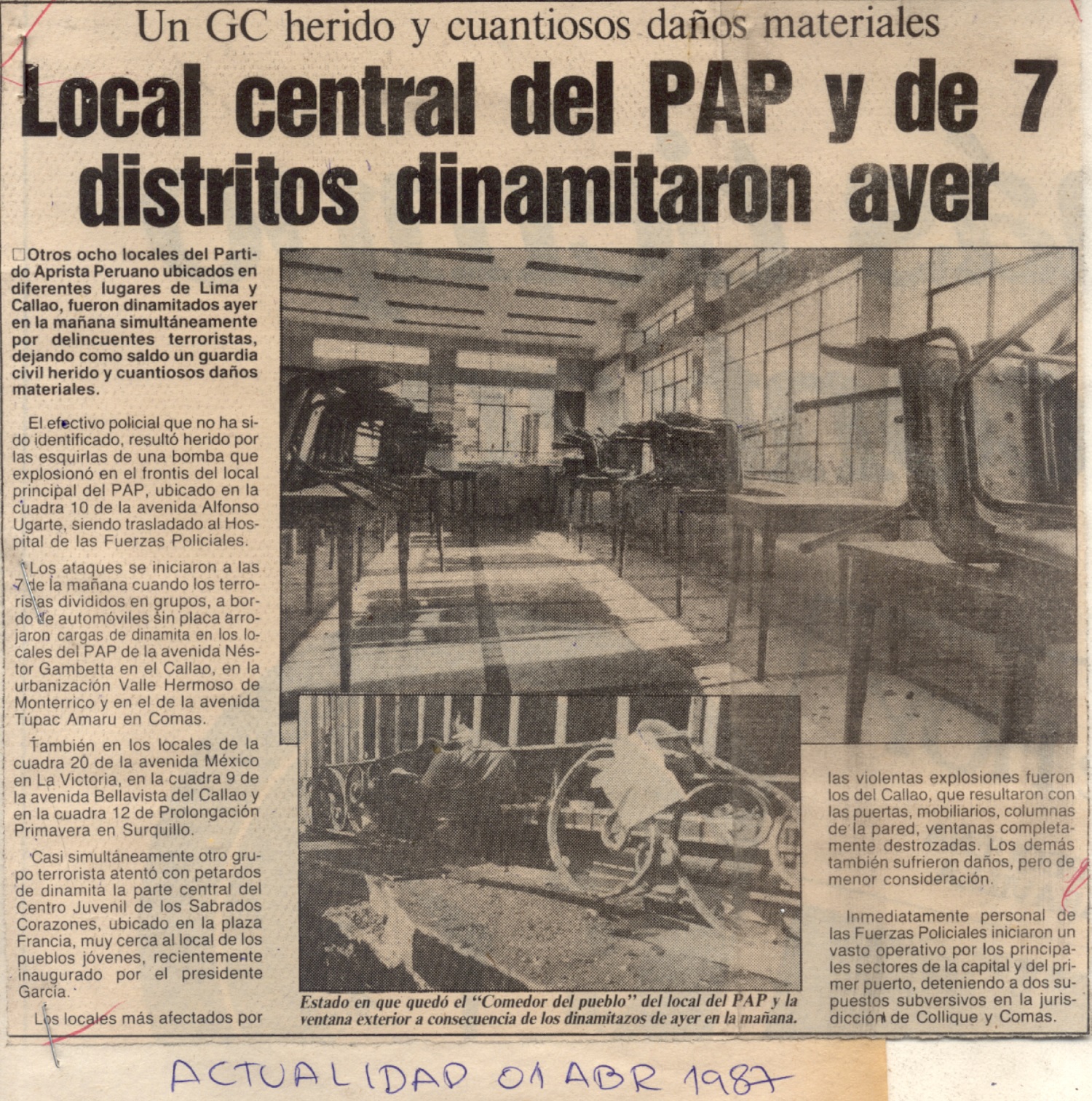 Local central del PAP y de 7 distritos dinamitaron ayer