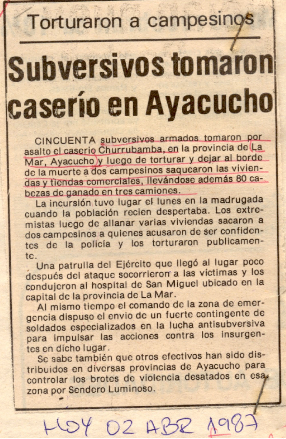 Subversivos tomaron caserío en Ayacucho