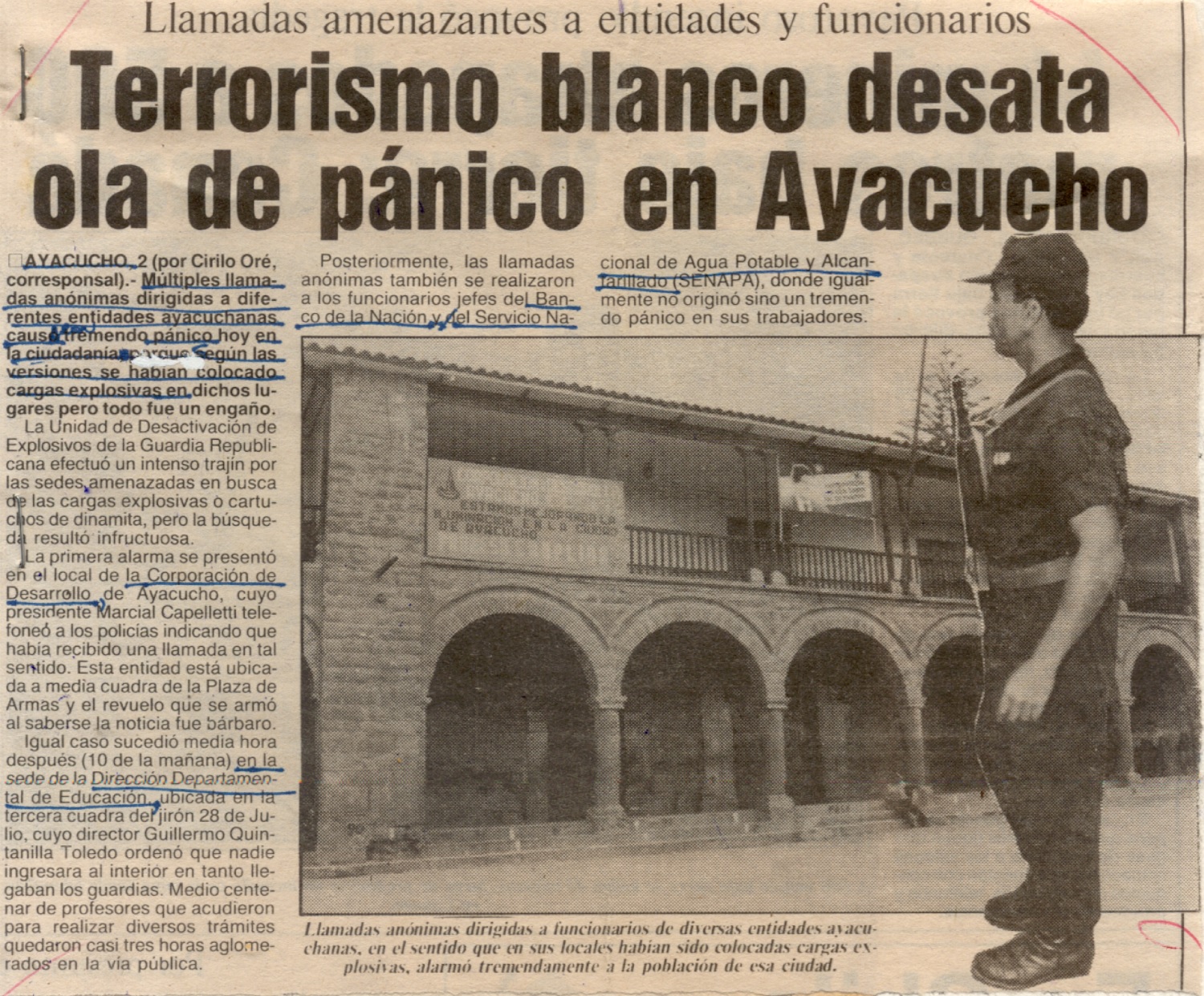 Terrorismo blanco desata ola de pánico en Ayacucho
