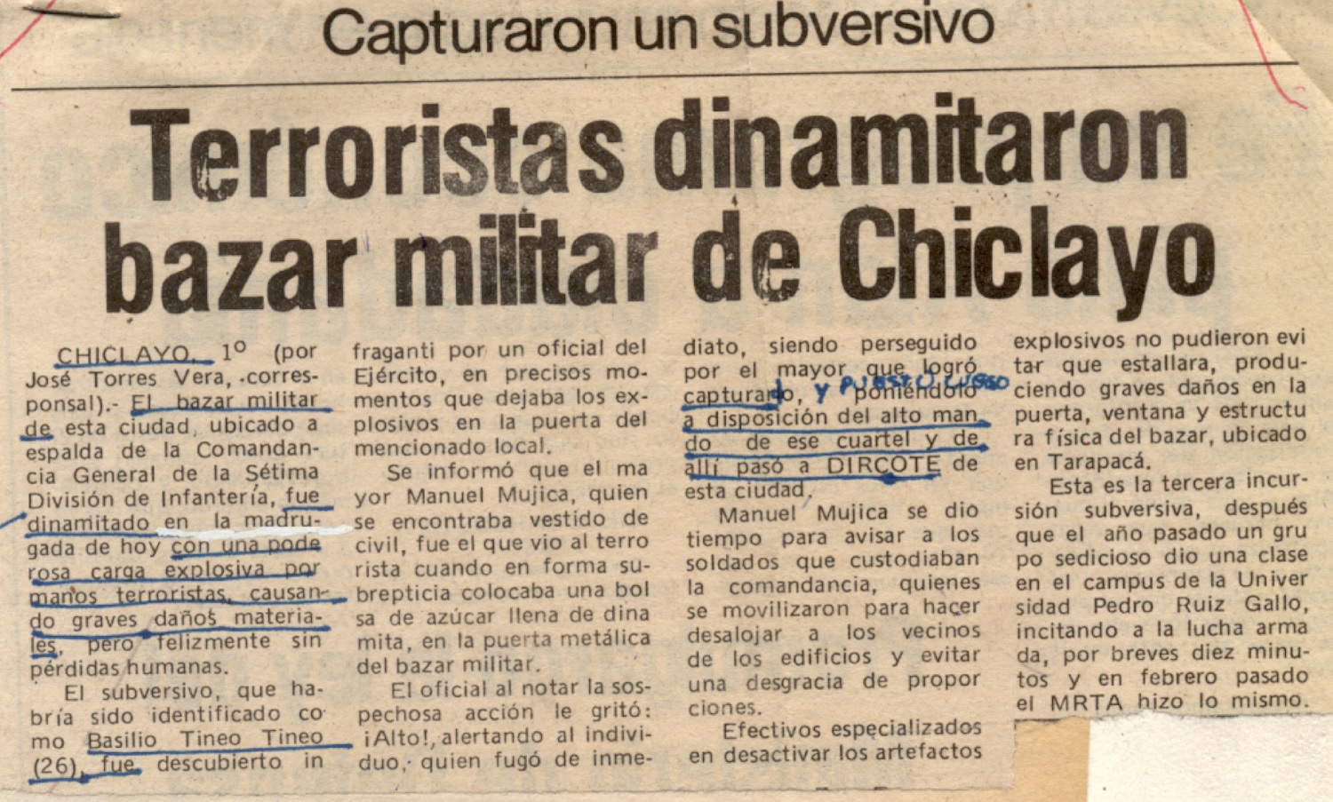 Terroristas dinamitaron bazar militar de Chiclayo