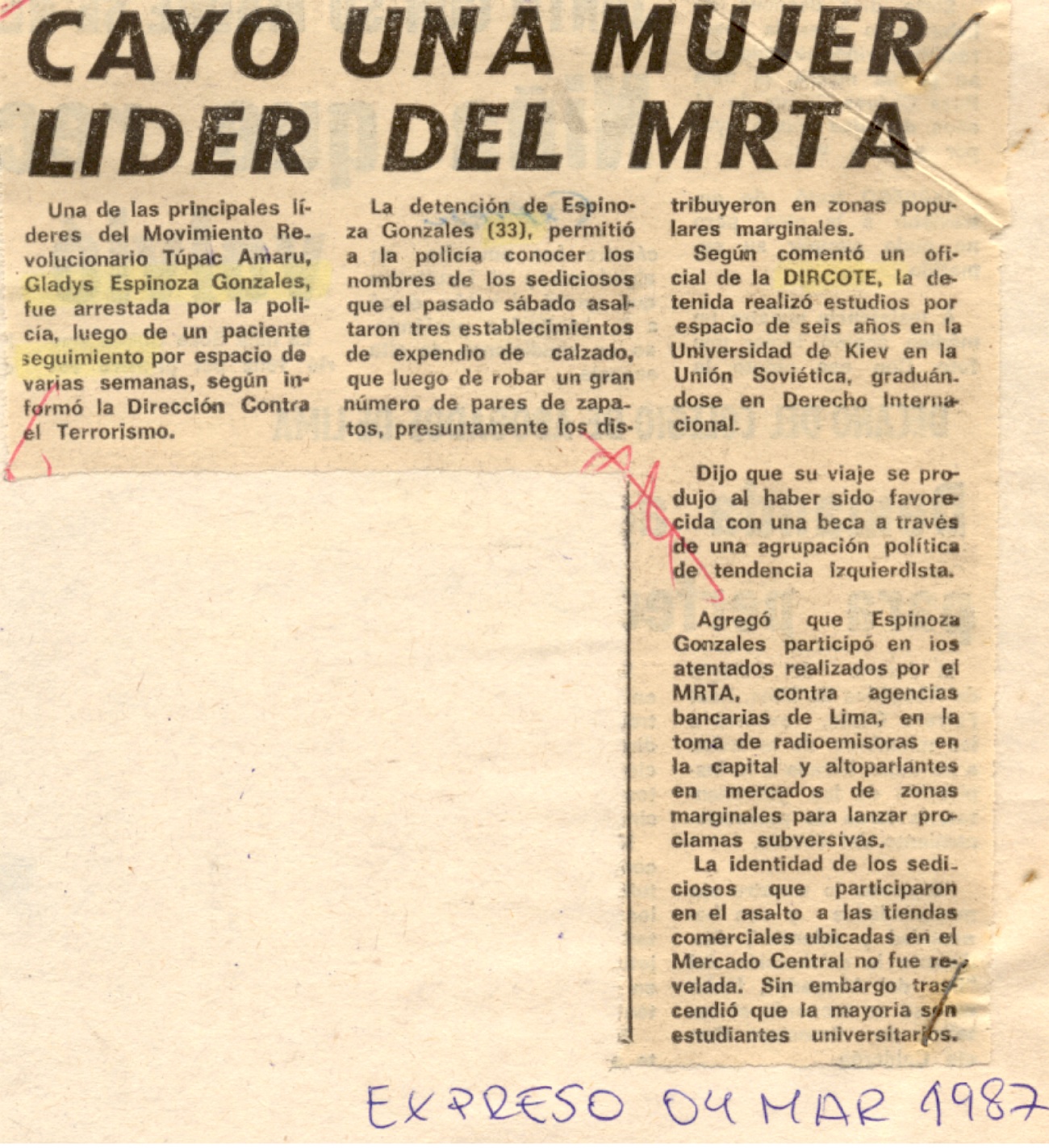 Cayó una mujer líder del MRTA