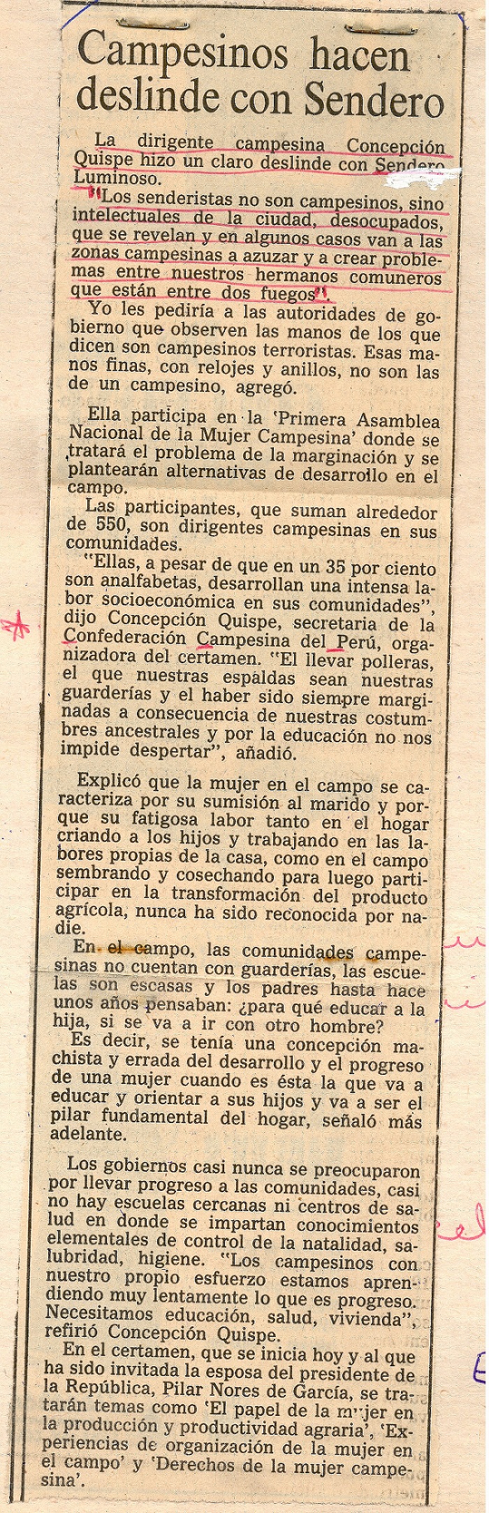 Campesinos hacen deslinde con Sendero