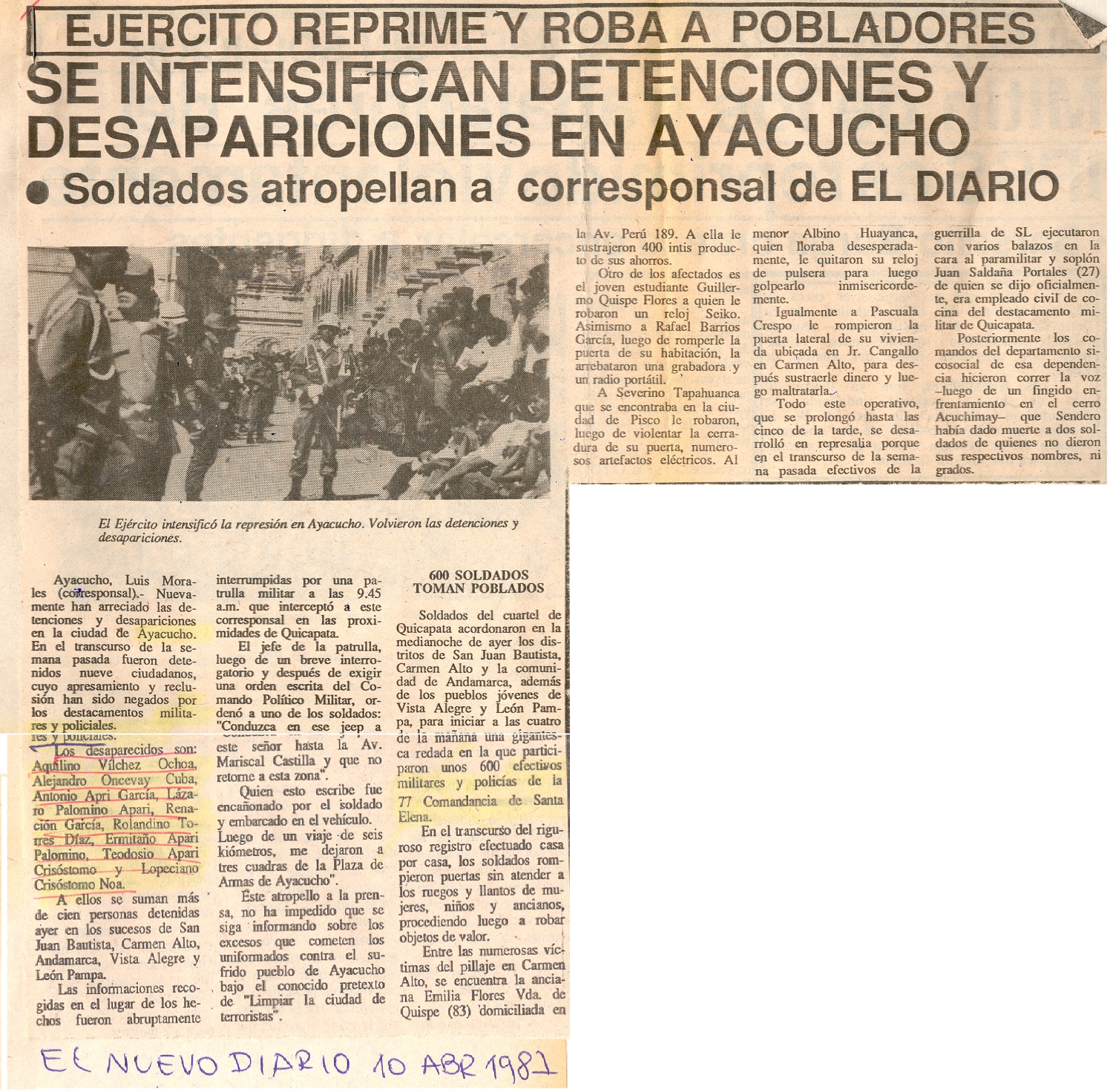 Se intensifican detenciones y desapariciones en Ayacucho