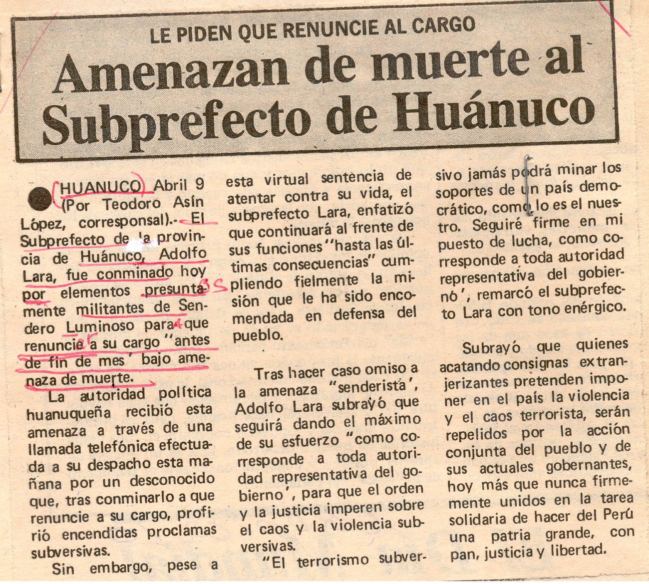Amenazan de muerte al Subprefecto de Huánuco