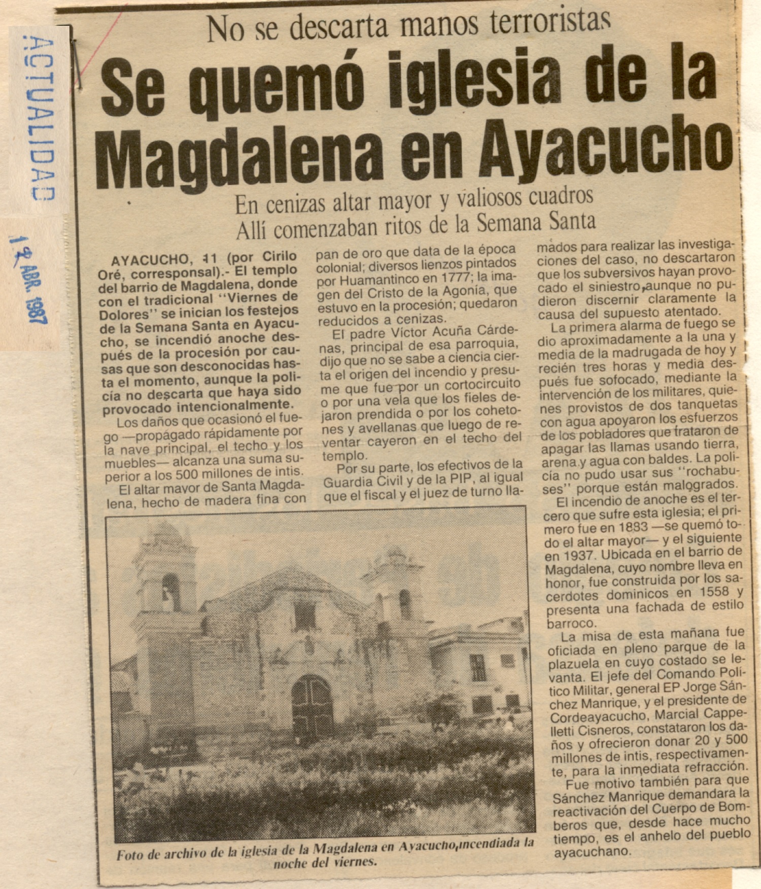 Se quemó iglesia de la Magdalena en Ayacucho