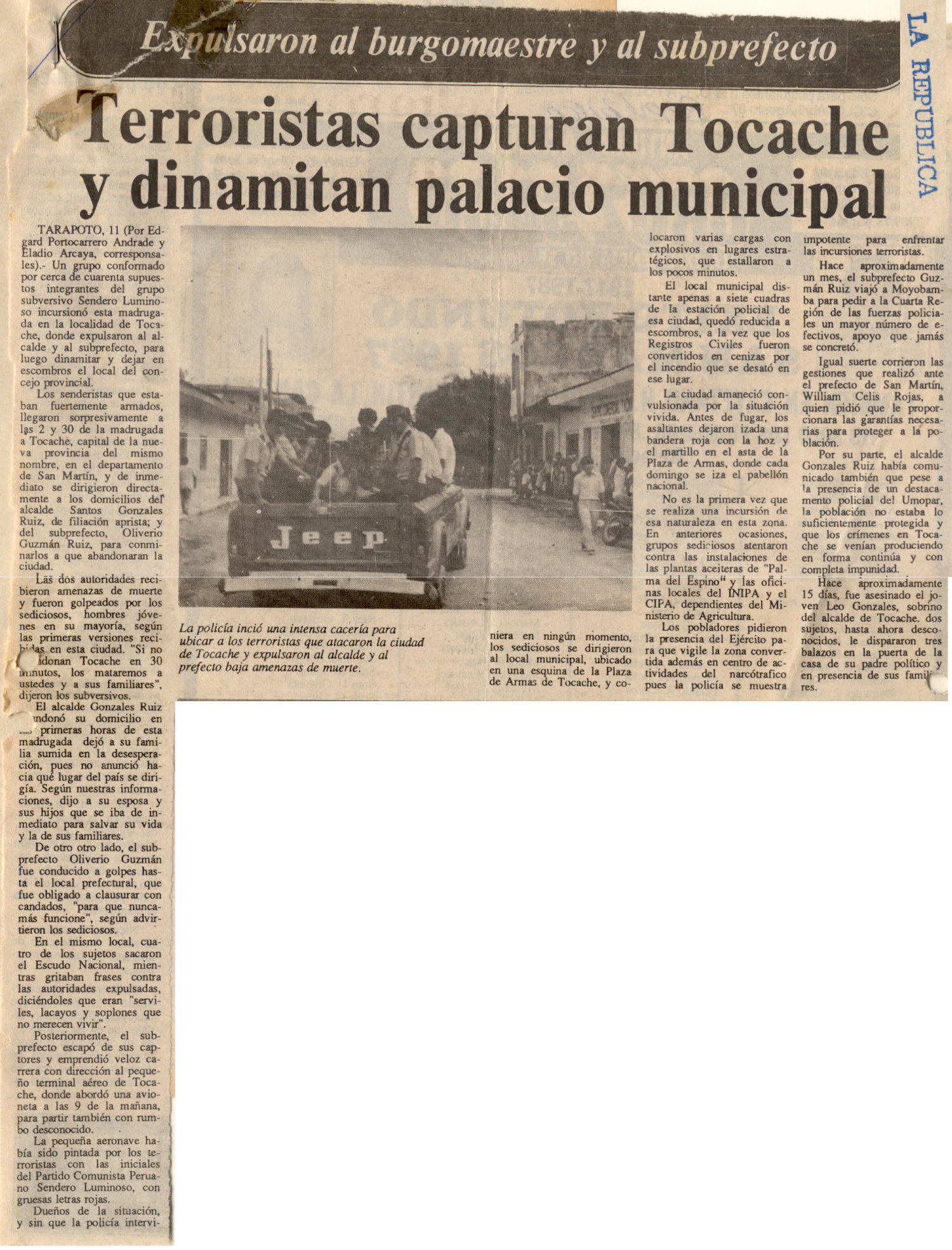 Terroristas capturan Tocache y dinamitan palacio municipal