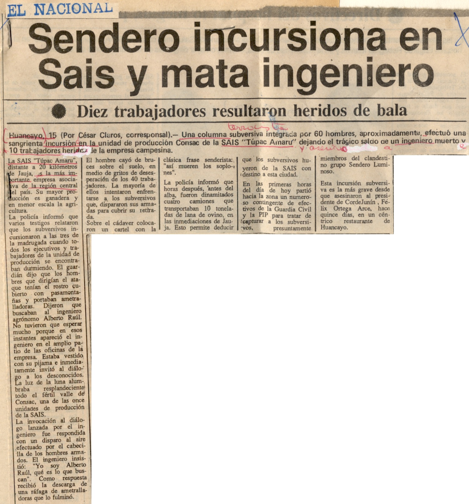 Sendero incursiona en Sais y mata ingeniero