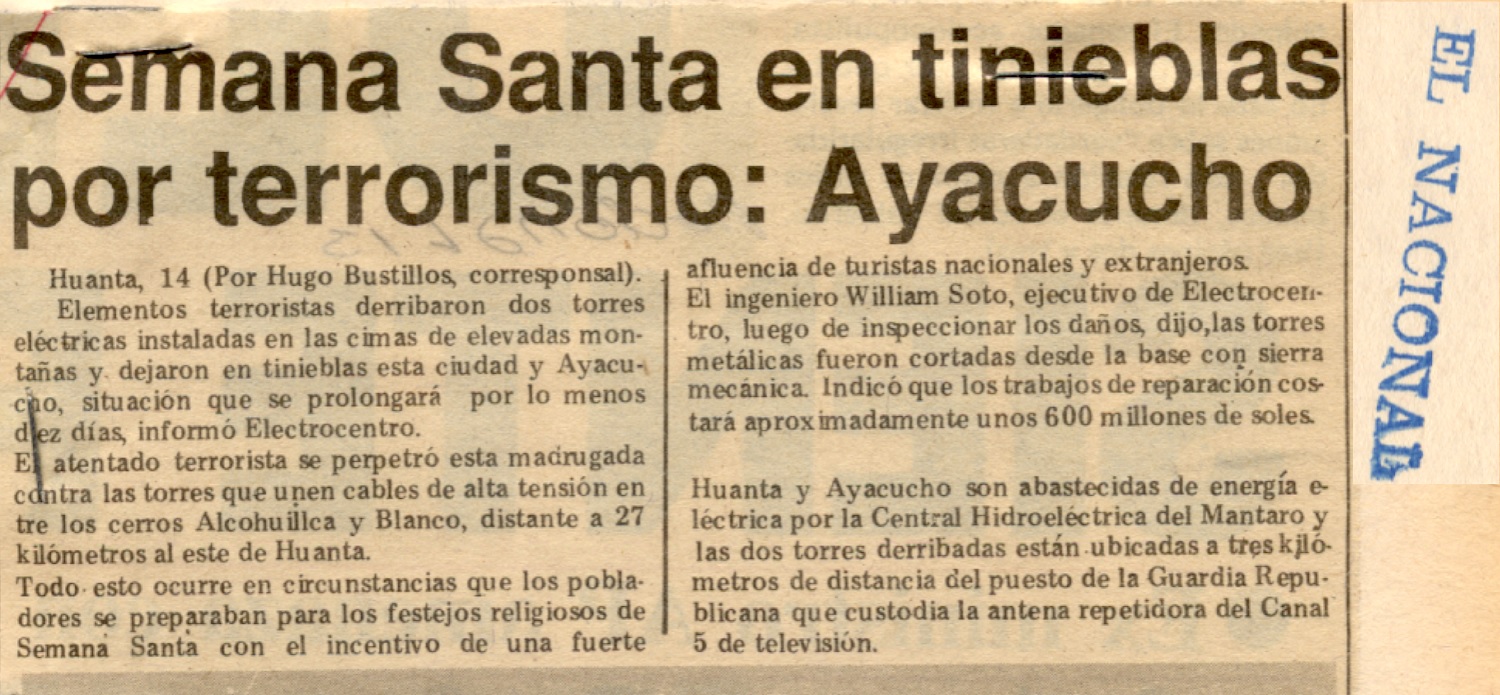 Vuelan torres y dejan en tinieblas Ayacucho y Huanta