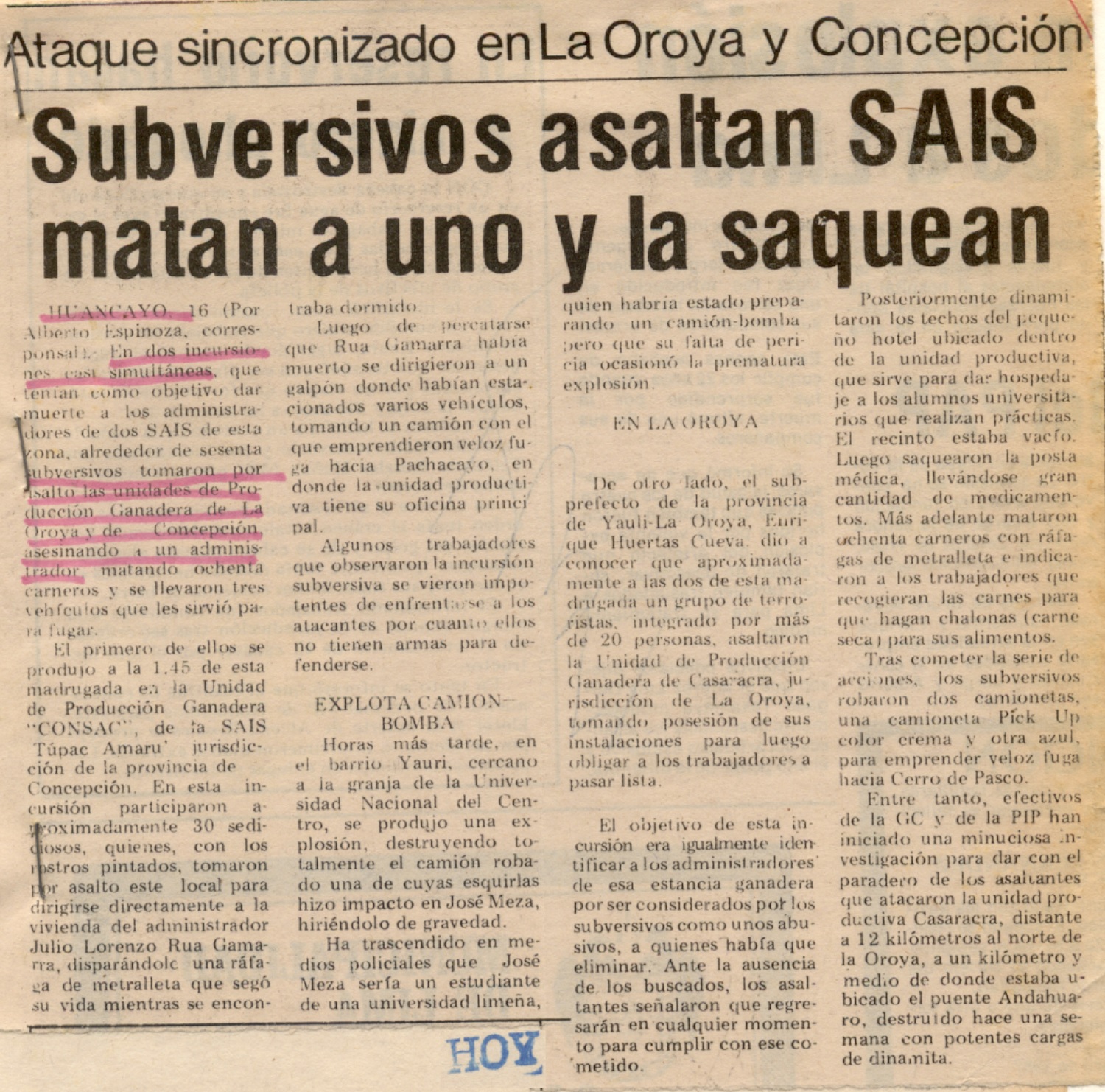 Dinamitan en Huancayo camión robado a SAIS