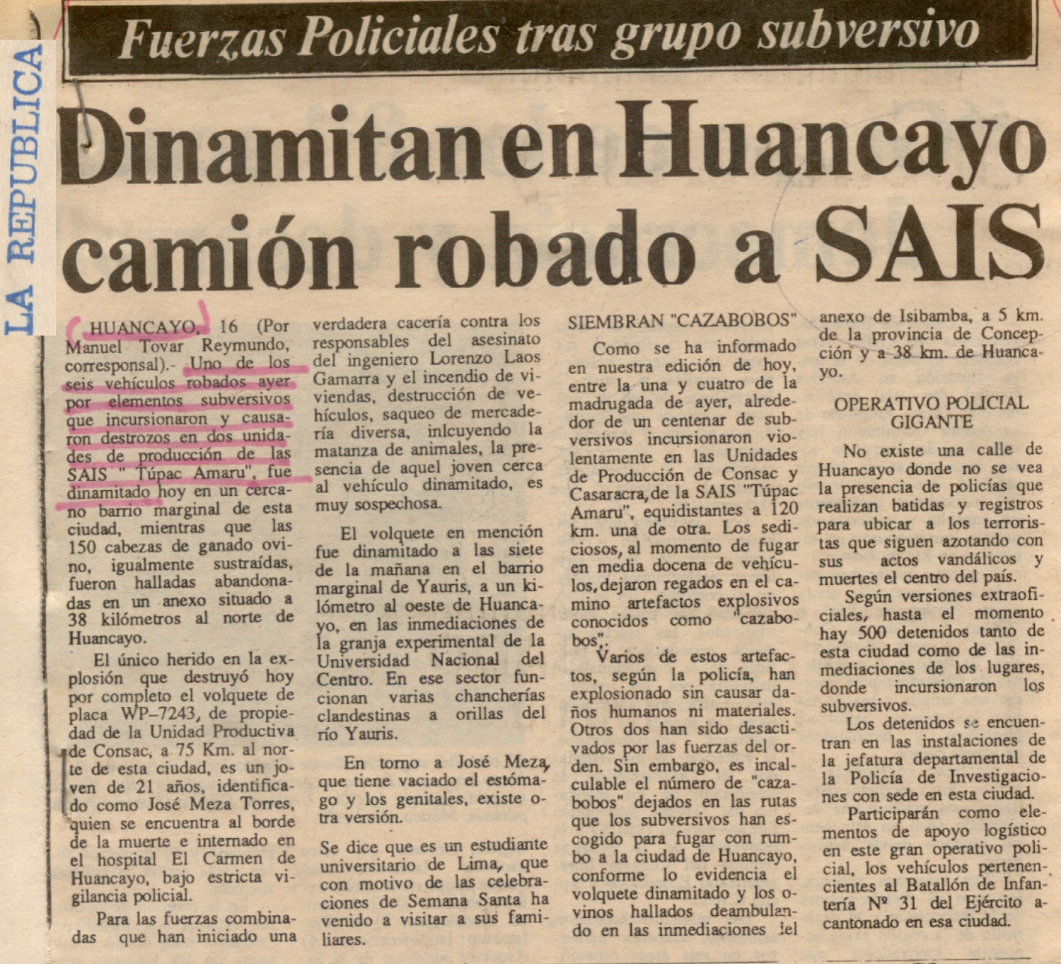 Dinamitan en Huancayo camión robado a SAIS