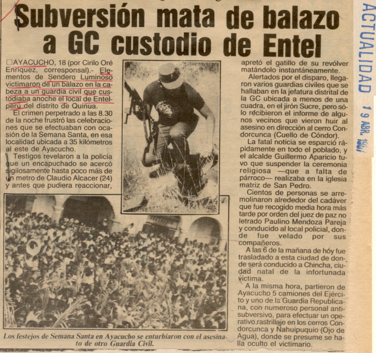 Subversión mata de balazo a GC custodio de Entel