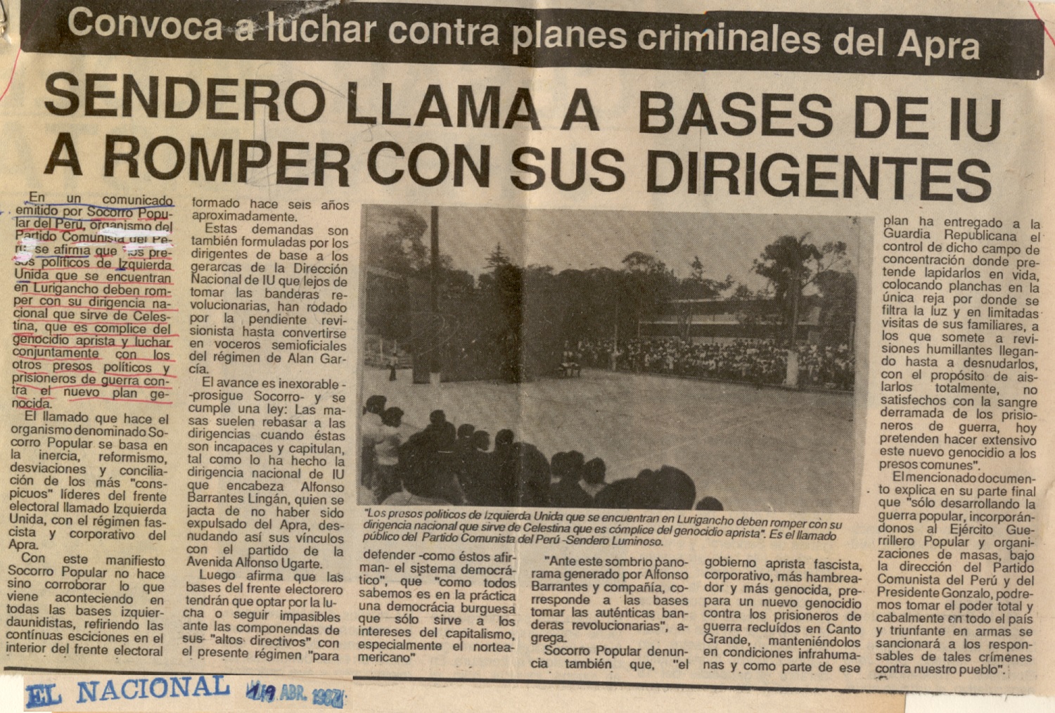 Sendero llama a bases de IU a romper con sus dirigentes