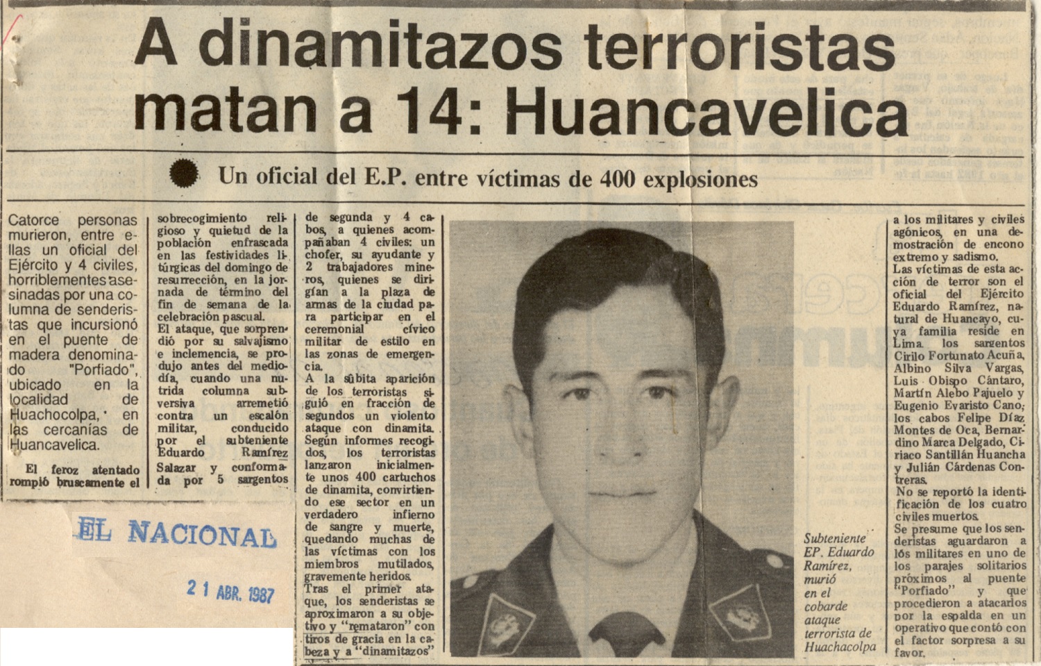 A dinamitazos terroristas matan a 14: Huancavelica