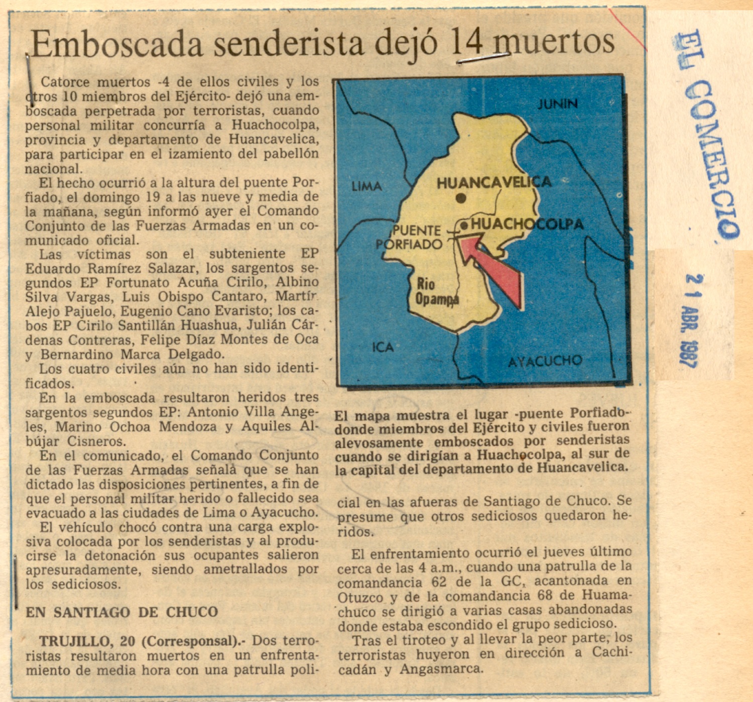 A dinamitazos terroristas matan a 14: Huancavelica