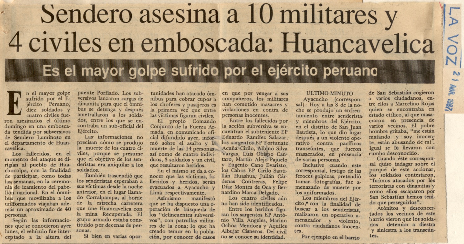 A dinamitazos terroristas matan a 14: Huancavelica