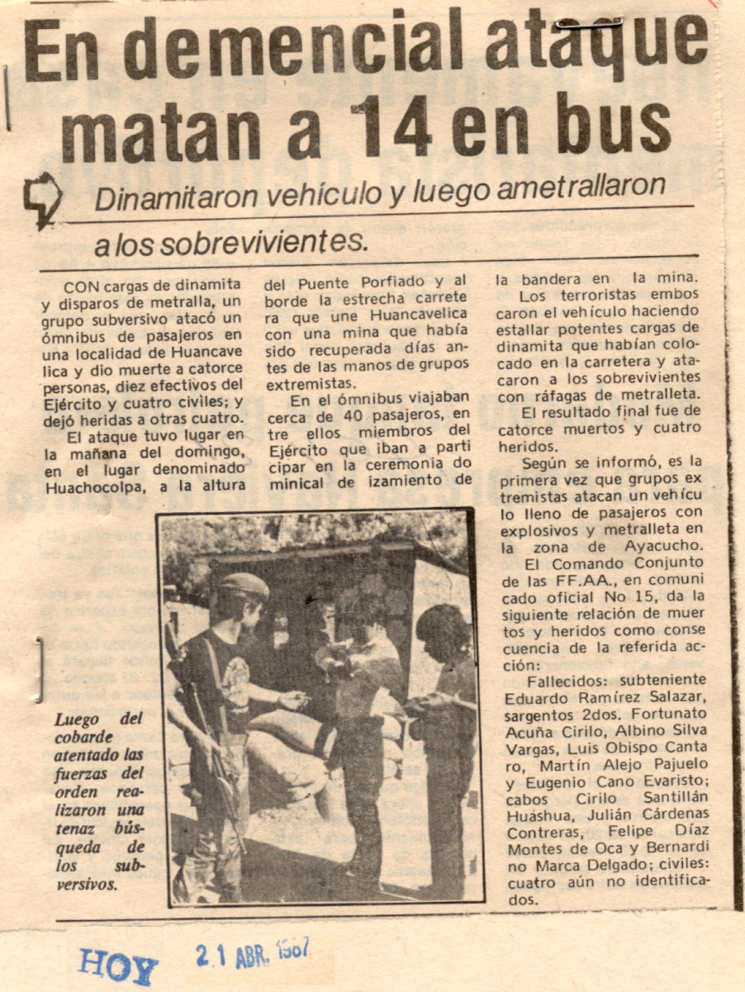 A dinamitazos terroristas matan a 14: Huancavelica