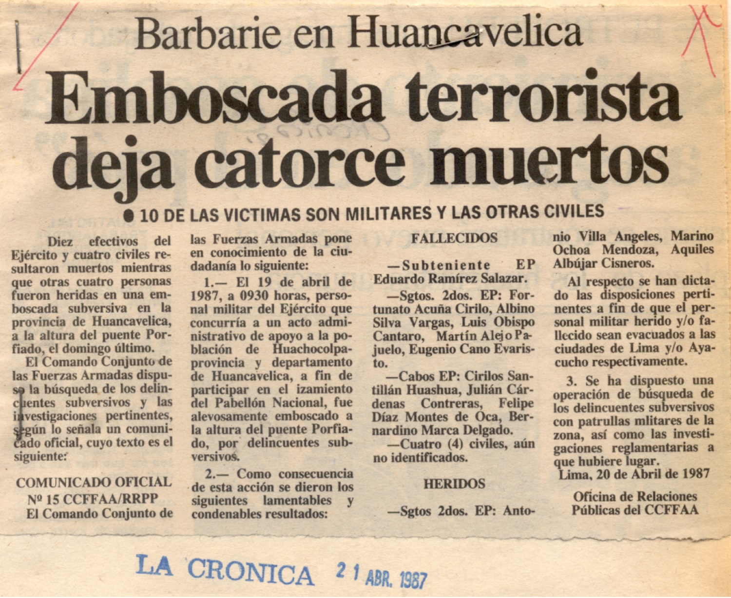 A dinamitazos terroristas matan a 14: Huancavelica