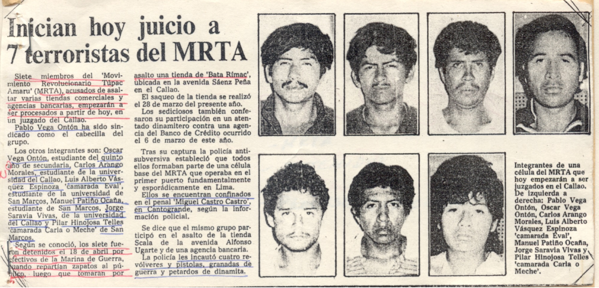 Inician hoy juicio a 7 terroristas del MRTA