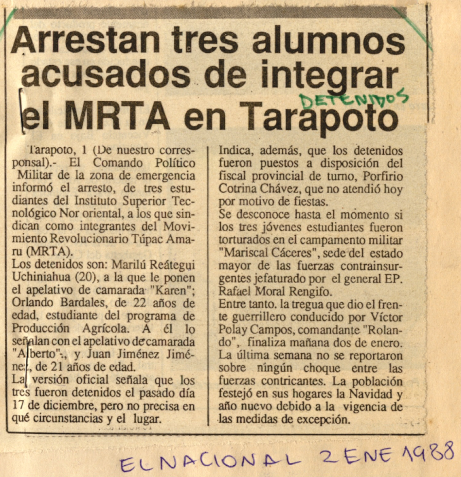 Capturan a 3 del MRTA en Tarapoto