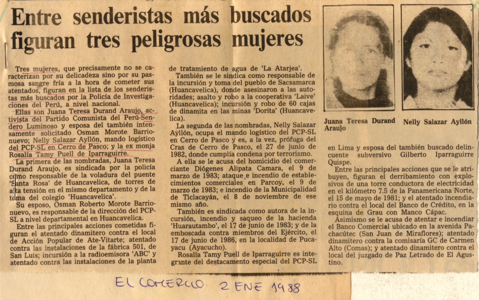 Entre senderistas más buscados figuran tres peligrosas mujeres