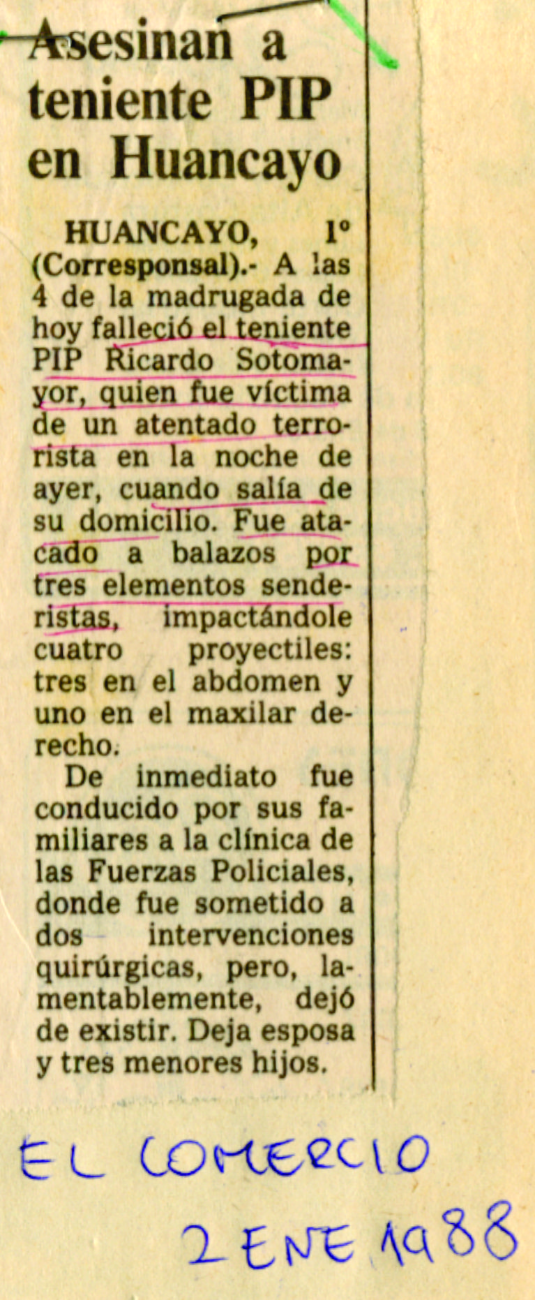 Asesinan a teniente PIP en Huancayo