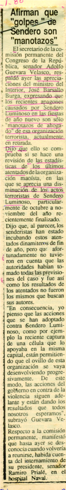 Afirman que "golpes" de Sendero son "manotazos"