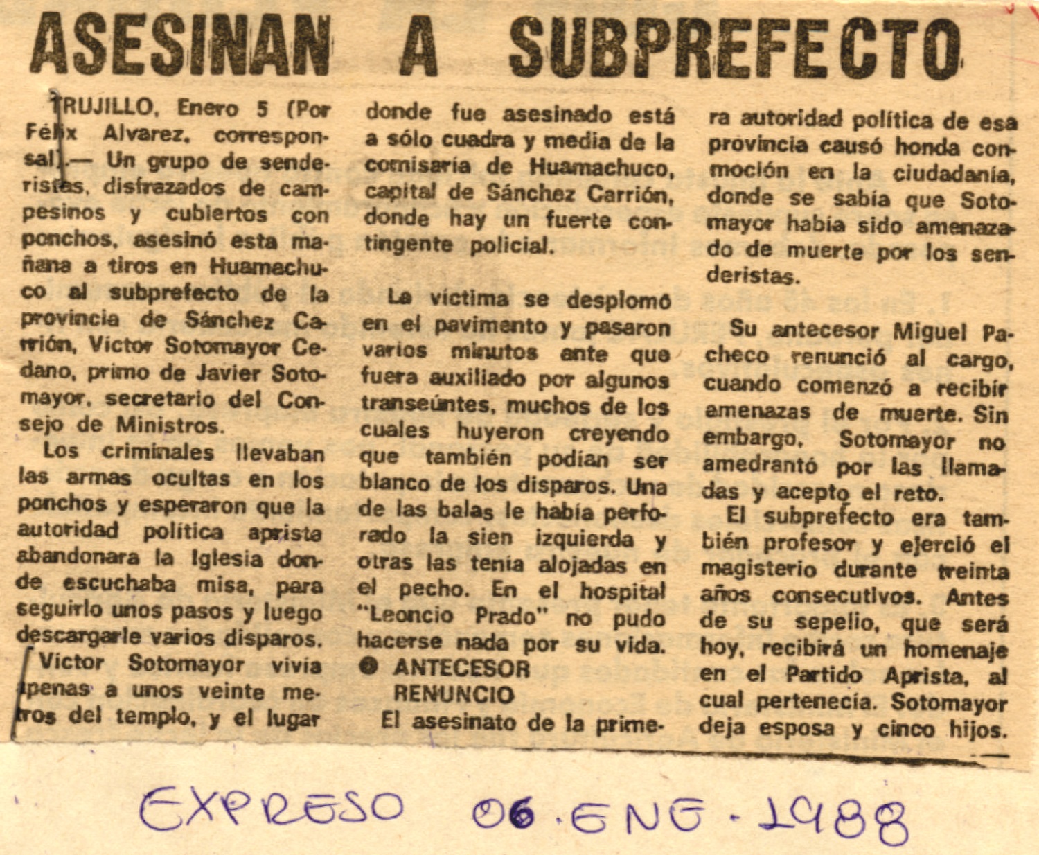 Matan a subprefecto aprista de Huamachuco