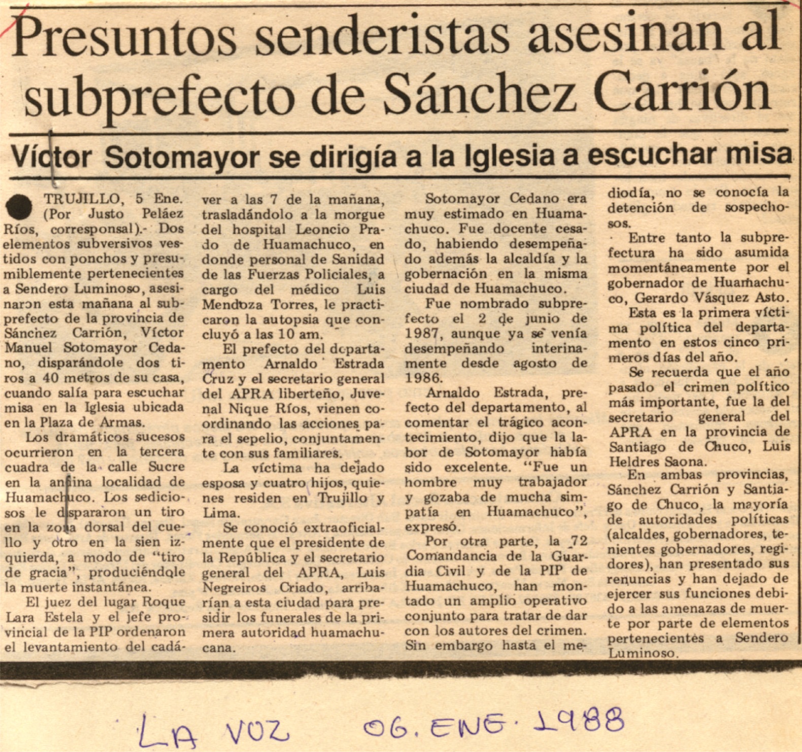 Matan a subprefecto aprista de Huamachuco