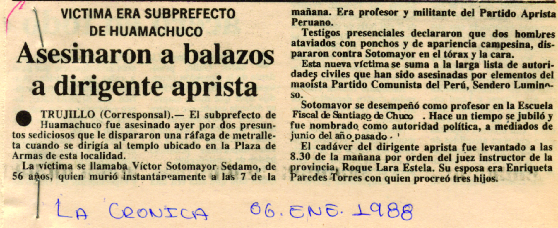 Matan a subprefecto aprista de Huamachuco